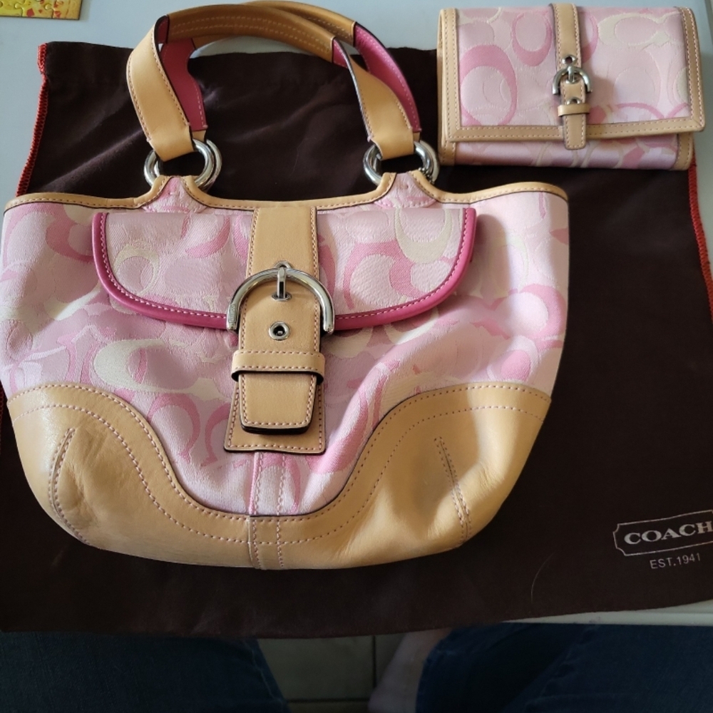 Coach Pink and Tan Shoulder Bag